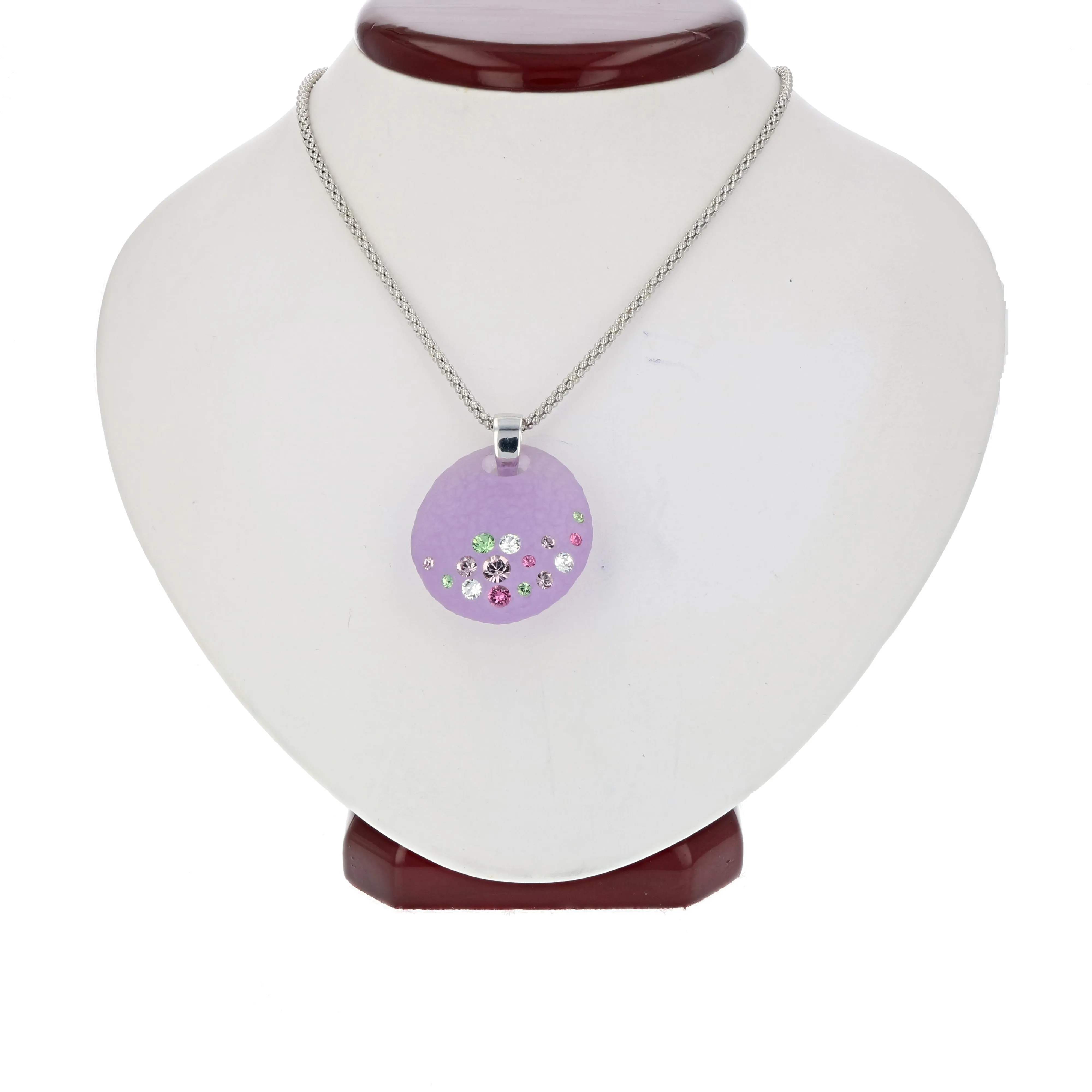 1.25 Inches Purple Lucite Pendant With Multi Color Crystals With Chain