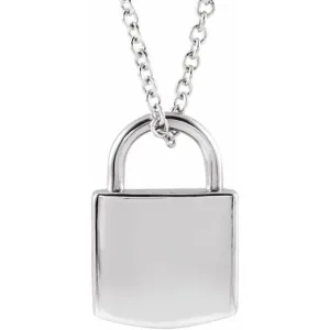 14K White 12.02x8 mm Engravable Lock 16-18" Necklace