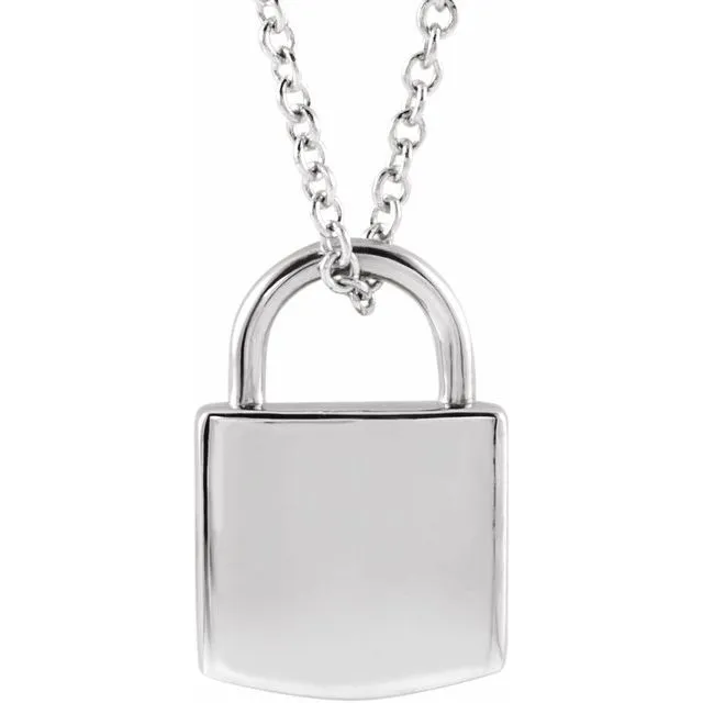14K White 12.02x8 mm Engravable Lock 16-18" Necklace