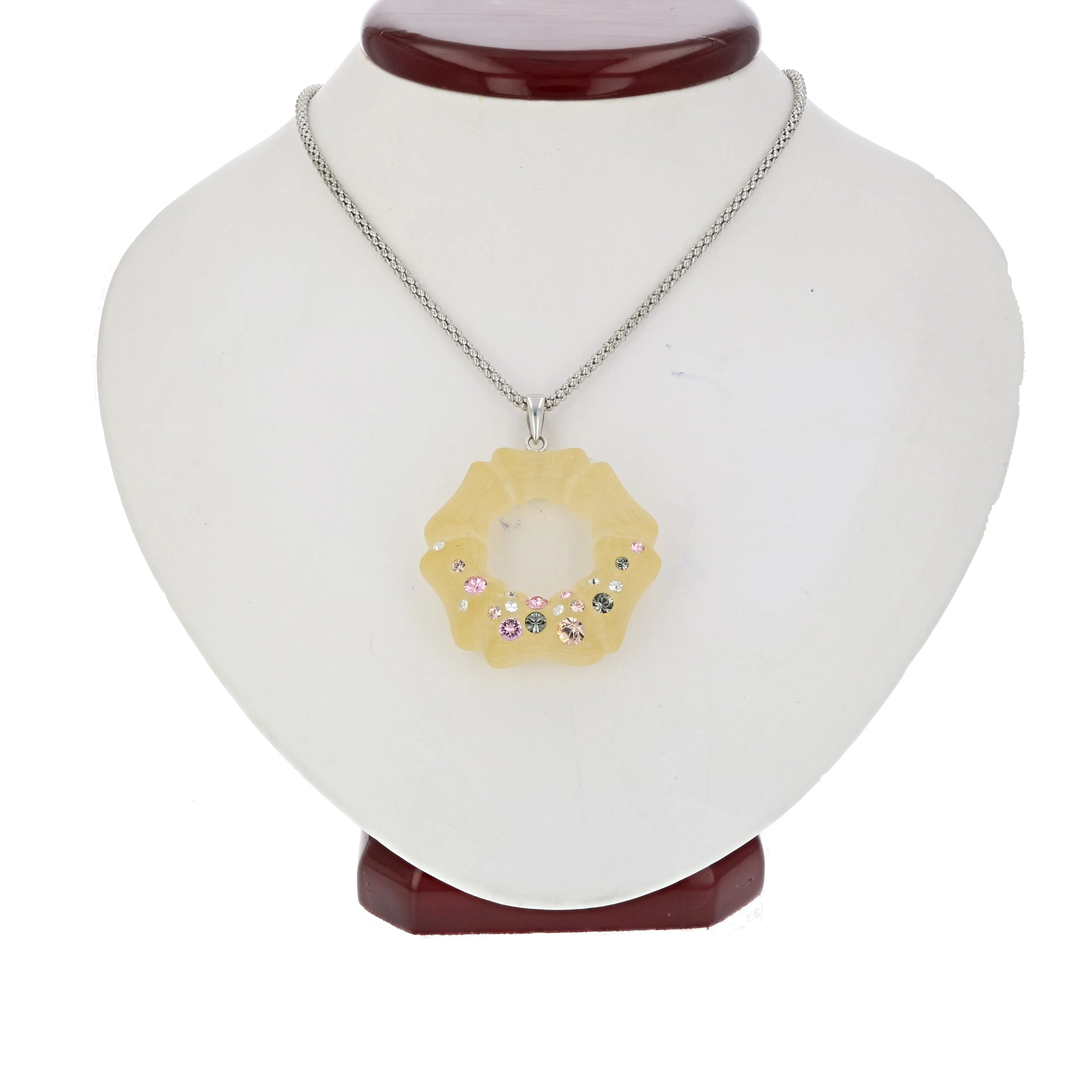 1.60 Inches Yellow Flower Lucite Pendant With Multi Color Crystals With Chain
