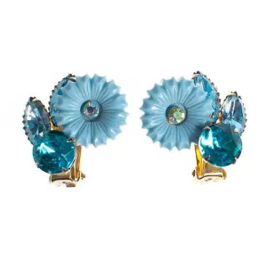 1950's Lucite Earrings, Blue Rhinestones, Clip On, Gold Tone