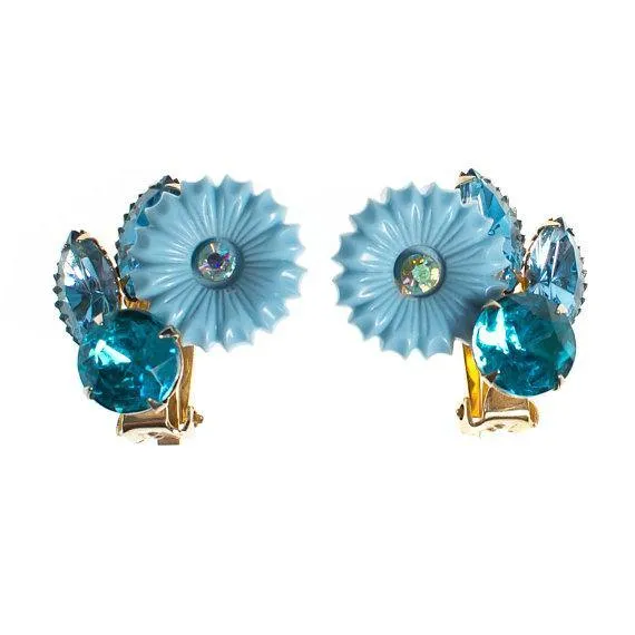 1950's Lucite Earrings, Blue Rhinestones, Clip On, Gold Tone