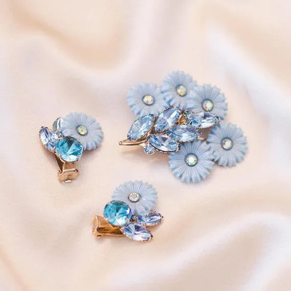 1950's Lucite Earrings, Blue Rhinestones, Clip On, Gold Tone