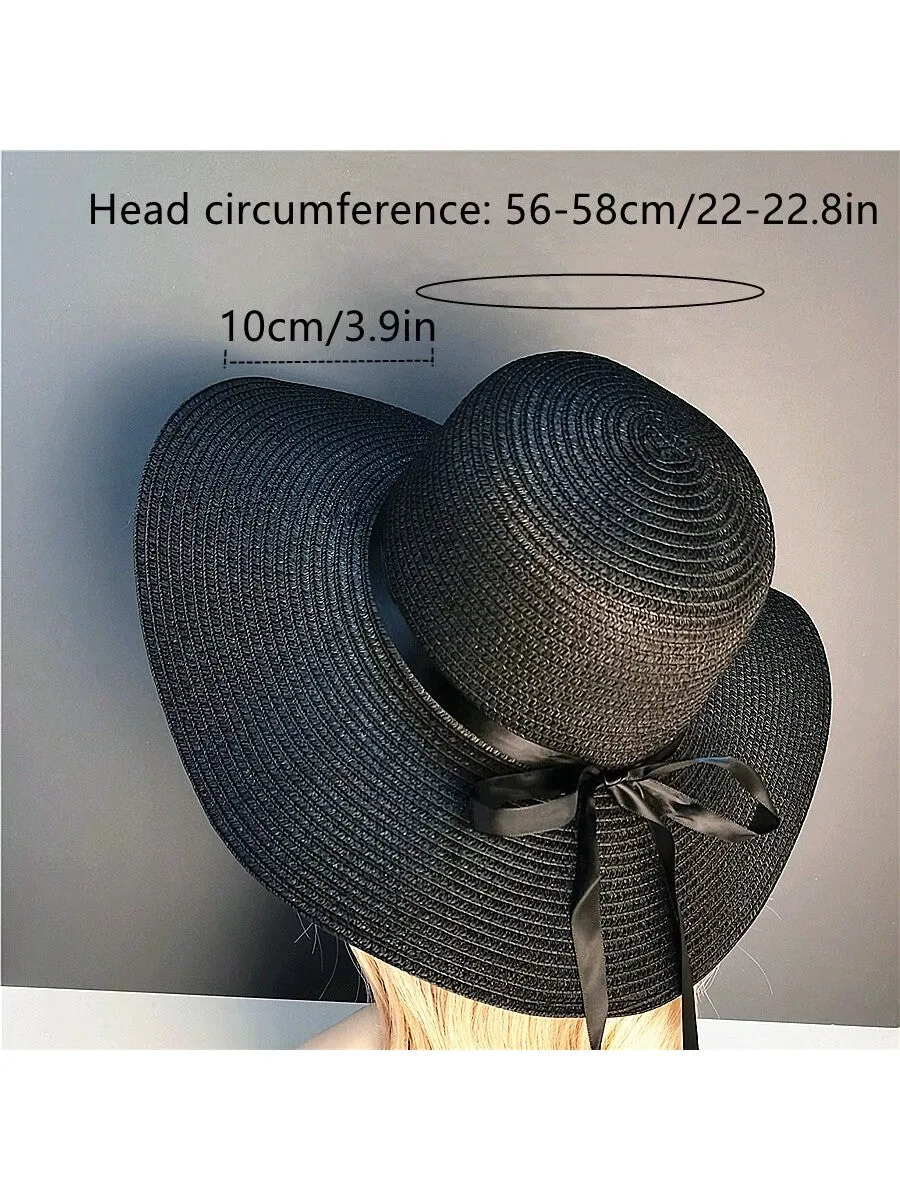 1pc Black Bowknot Decorated Straw Hat