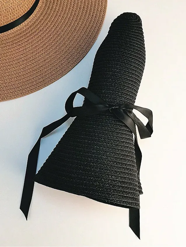 1pc Black Bowknot Decorated Straw Hat