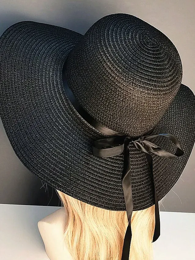 1pc Black Bowknot Decorated Straw Hat