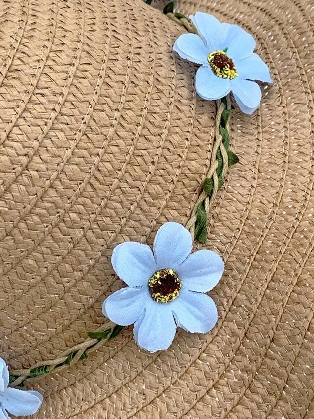 1pc Flower Decorated Woven Straw Hat