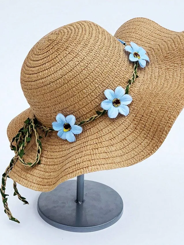 1pc Flower Decorated Woven Straw Hat