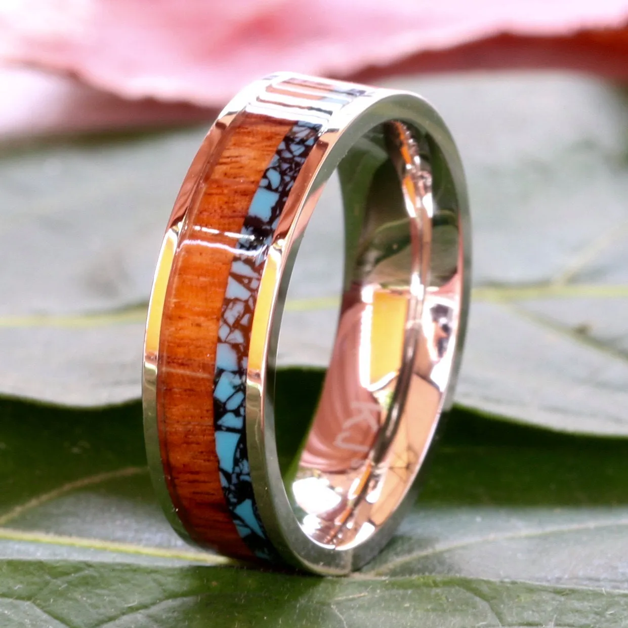 2 piece Wedding Ring Set Turquoise Ring Koa Wood Ring Stainless Steel and Sterling Silver Cubic Zirconia Engagement Ring
