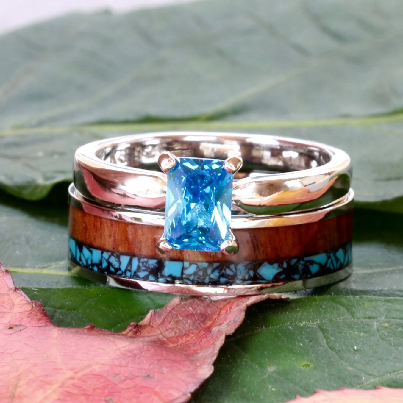2 piece Wedding Ring Set Turquoise Ring Koa Wood Ring Stainless Steel and Sterling Silver Cubic Zirconia Engagement Ring
