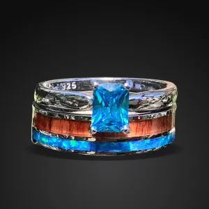 2 piece Wedding Ring Set Turquoise Ring Koa Wood Ring Stainless Steel and Sterling Silver Cubic Zirconia Engagement Ring