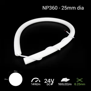 25mm Round 360 LED Neon Flex | Cut every 6mm | 14w | 24v | 1m/5m reel