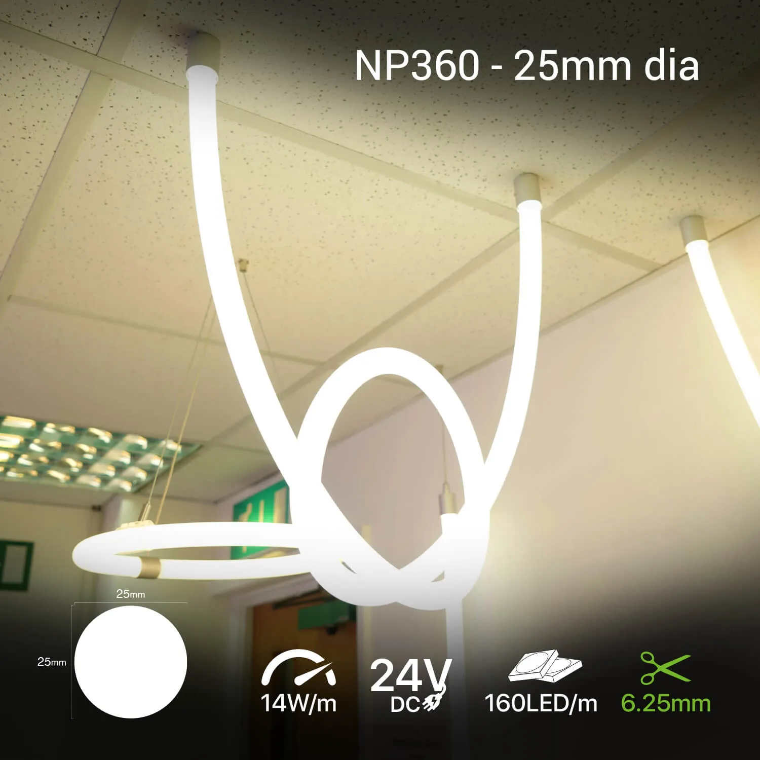 25mm Round 360 LED Neon Flex | Cut every 6mm | 14w | 24v | 1m/5m reel