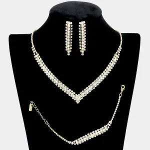 3 Piece Clear Rhinestone Necklace Set on Gold | Homecoming Necklace | Homecoming Jewelry | 509062