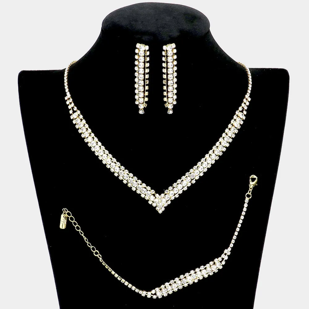 3 Piece Clear Rhinestone Necklace Set on Gold | Homecoming Necklace | Homecoming Jewelry | 509062
