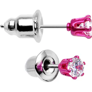 3mm Neon Pink Round Clear CZ Stud Earrings