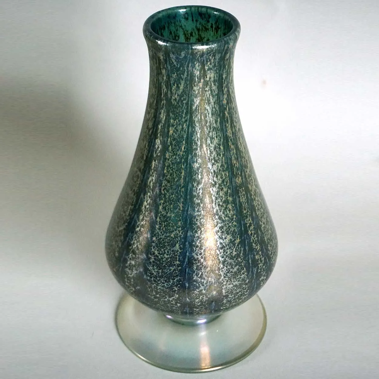 American Nash Iridescent Teal Chintz Decorated Glass Vase
