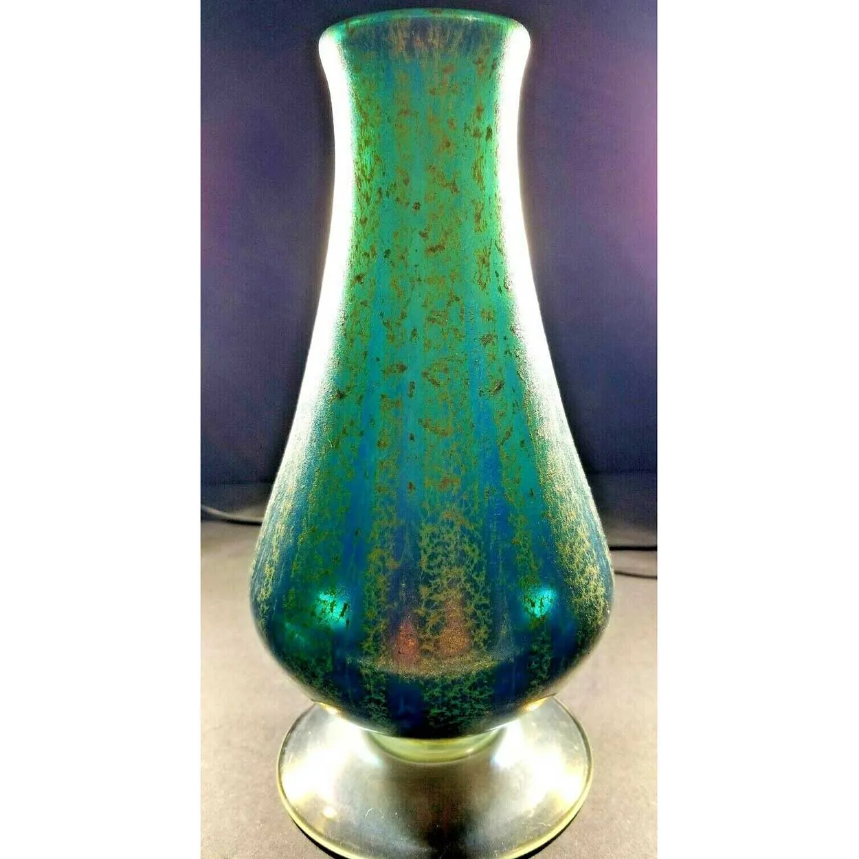 American Nash Iridescent Teal Chintz Decorated Glass Vase