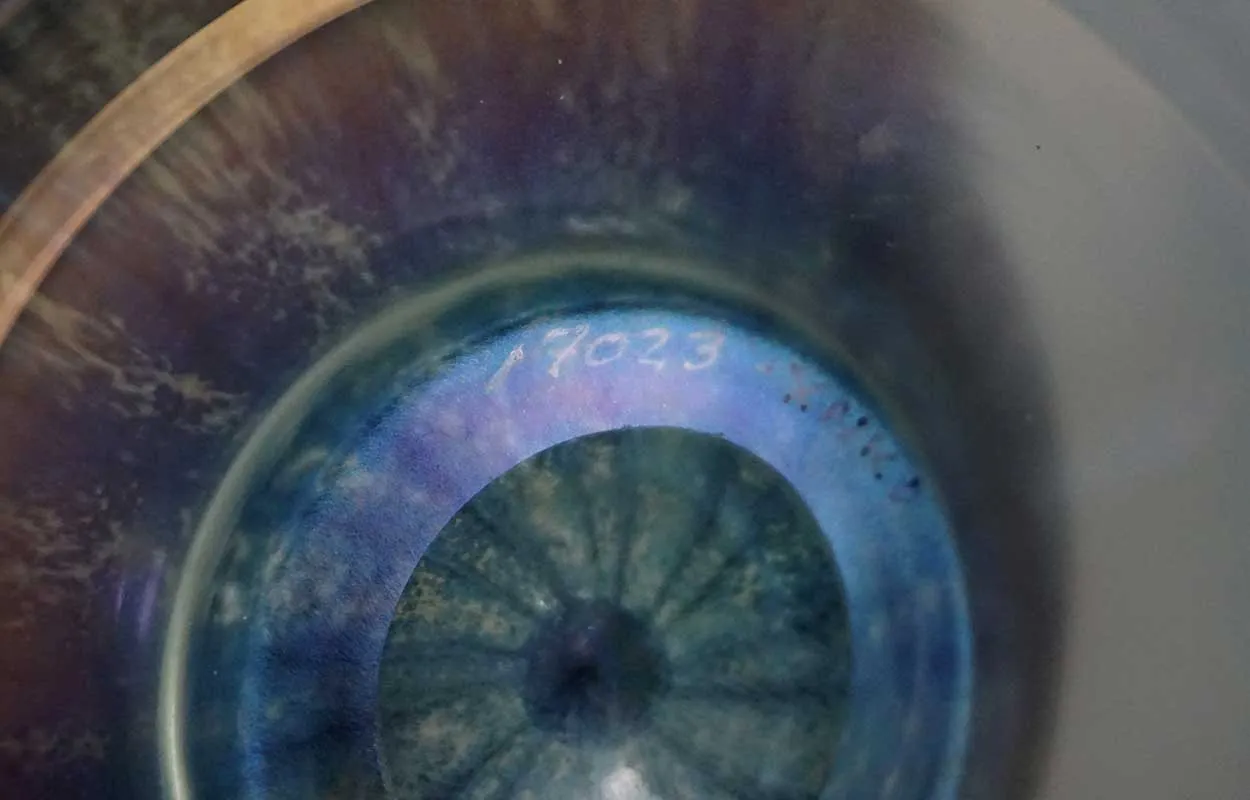 American Nash Iridescent Teal Chintz Decorated Glass Vase