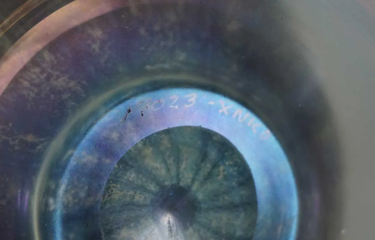 American Nash Iridescent Teal Chintz Decorated Glass Vase