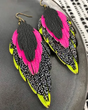 Anabelle Oak - Neon Waterfall Fringe - pink yellow genuine leather earrings
