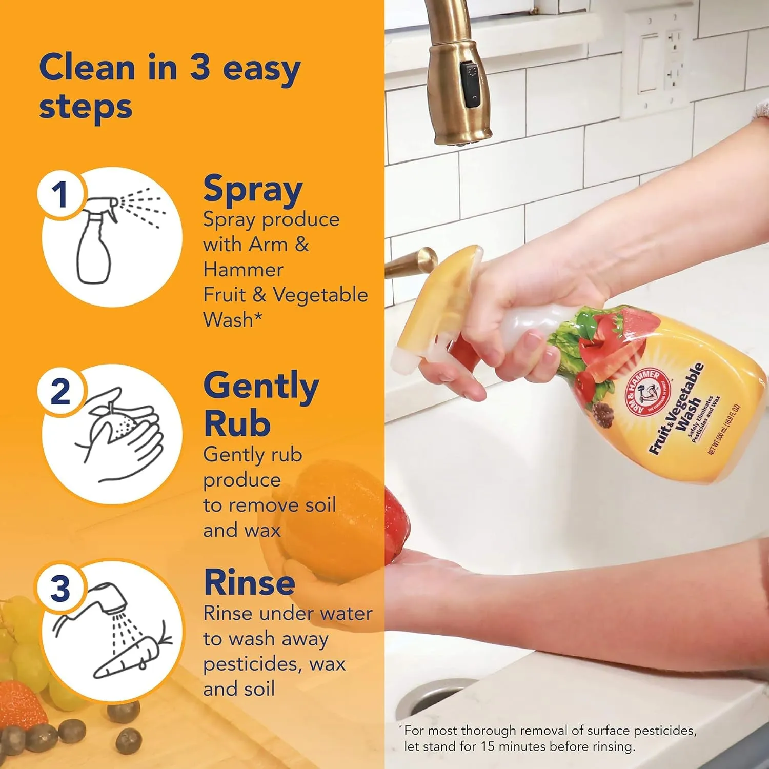 Arm and Hammer Fruit & Vegetable Wash, Produce Wash, Produce Cleaner, Pack of 3, 16 Oz. Bottles, 1 Trigger (Packaging May Vary)
