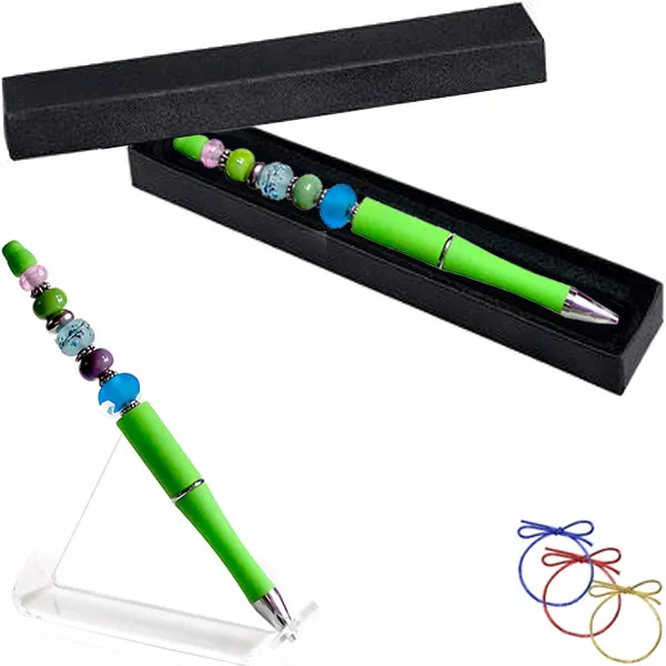 Ballpoint artisan acrylic pen & box Green lampwork glass beads writing