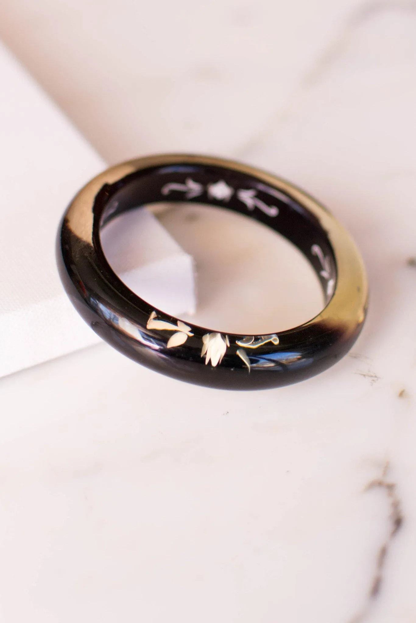 Black and Clear Reversed Carved Floral Rose Lucite Bracelet