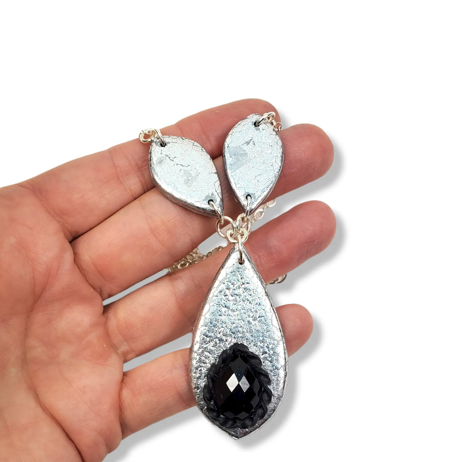 Black Crystal Leaf Link Necklace - Chrome