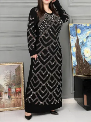Black Round Neck Geometric Rhinestones Decorated Dress