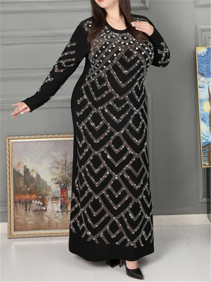 Black Round Neck Geometric Rhinestones Decorated Dress