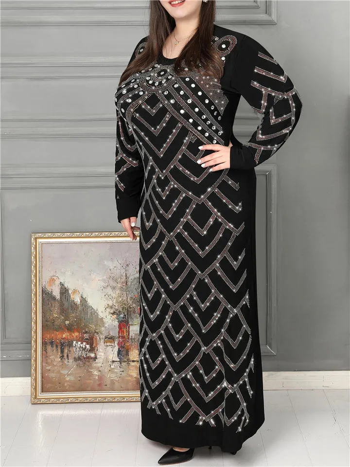 Black Round Neck Geometric Rhinestones Decorated Dress