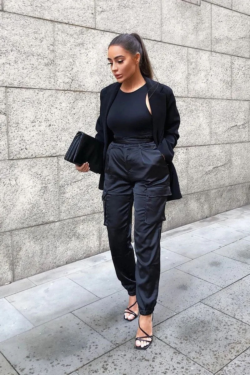 Black Satin Belted Utility Pocket Double Buttoned Trousers - Una