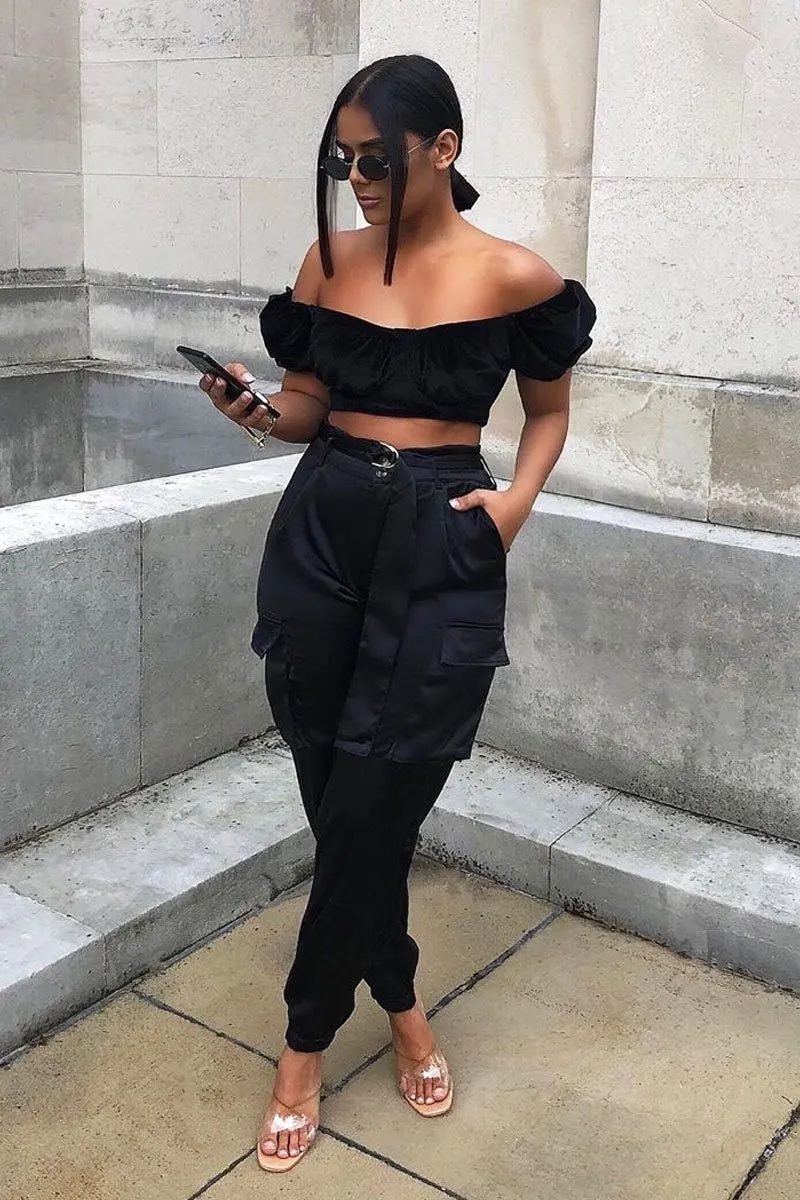 Black Satin Belted Utility Pocket Double Buttoned Trousers - Una