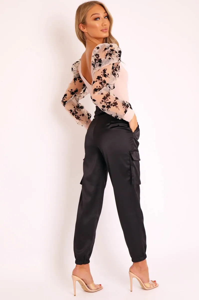 Black Satin Belted Utility Pocket Double Buttoned Trousers - Una
