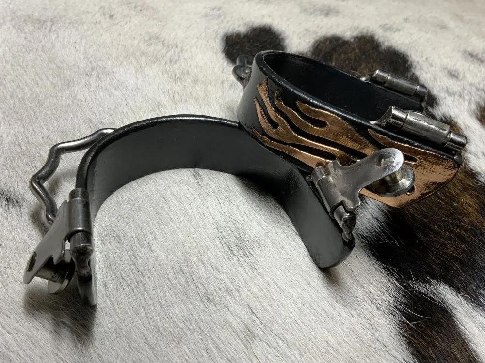 Black Steel Bumper Spurs with Copper Flame Overlay