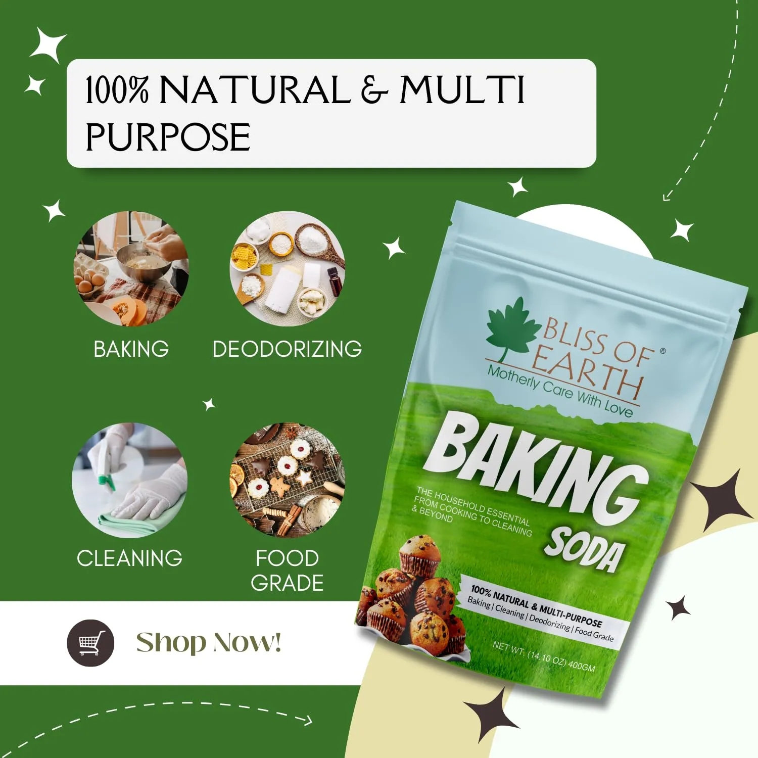 Bliss of Earth Baking Soda For Food & Cleaning Purpose, 900gm, Pure Sodium Bicarbonate for Baking, Cleaning, and Deodorizing, Food Grade, Non-GMO, Eco-Friendly