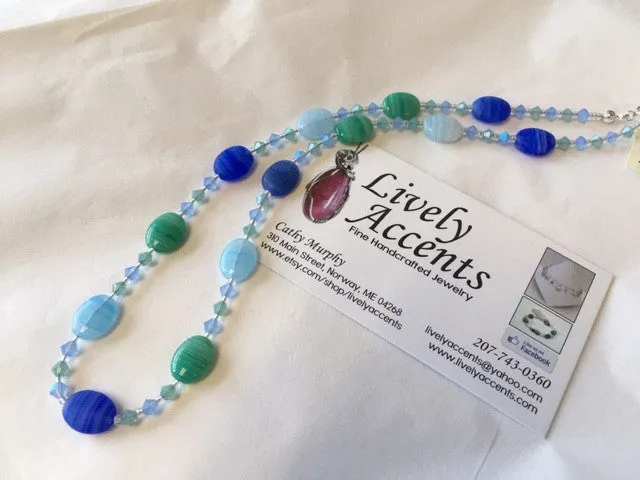 Blue and Green Hurricane Glass and Swarovski Crystal Necklace