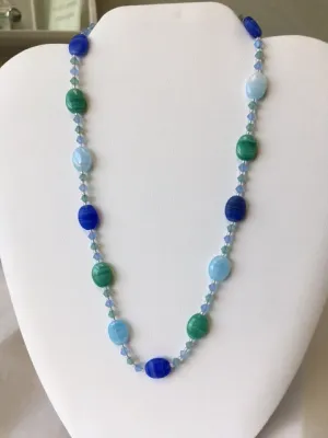 Blue and Green Hurricane Glass and Swarovski Crystal Necklace