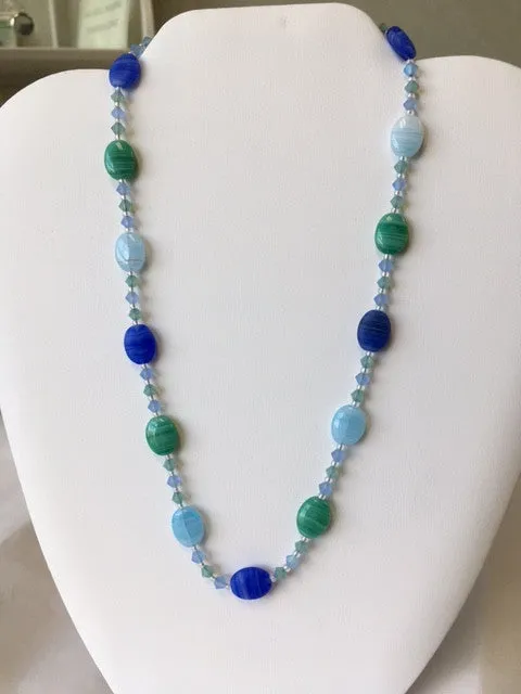Blue and Green Hurricane Glass and Swarovski Crystal Necklace