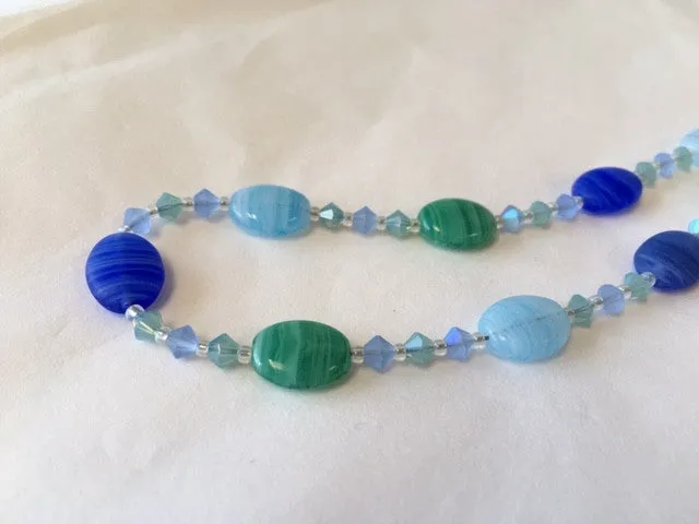 Blue and Green Hurricane Glass and Swarovski Crystal Necklace
