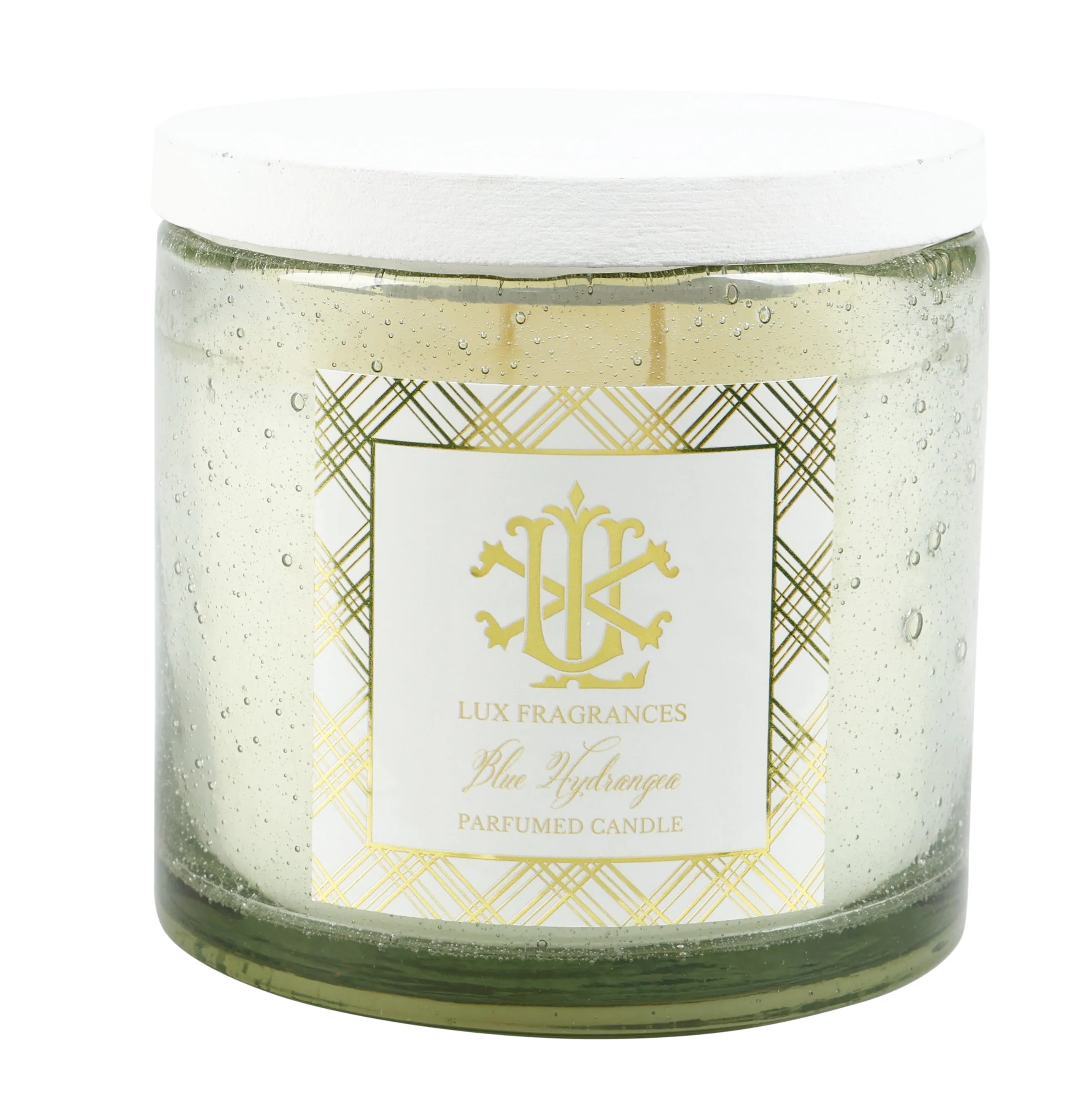Blue Hydrangea 12oz Clear Glass with White Lid Candle