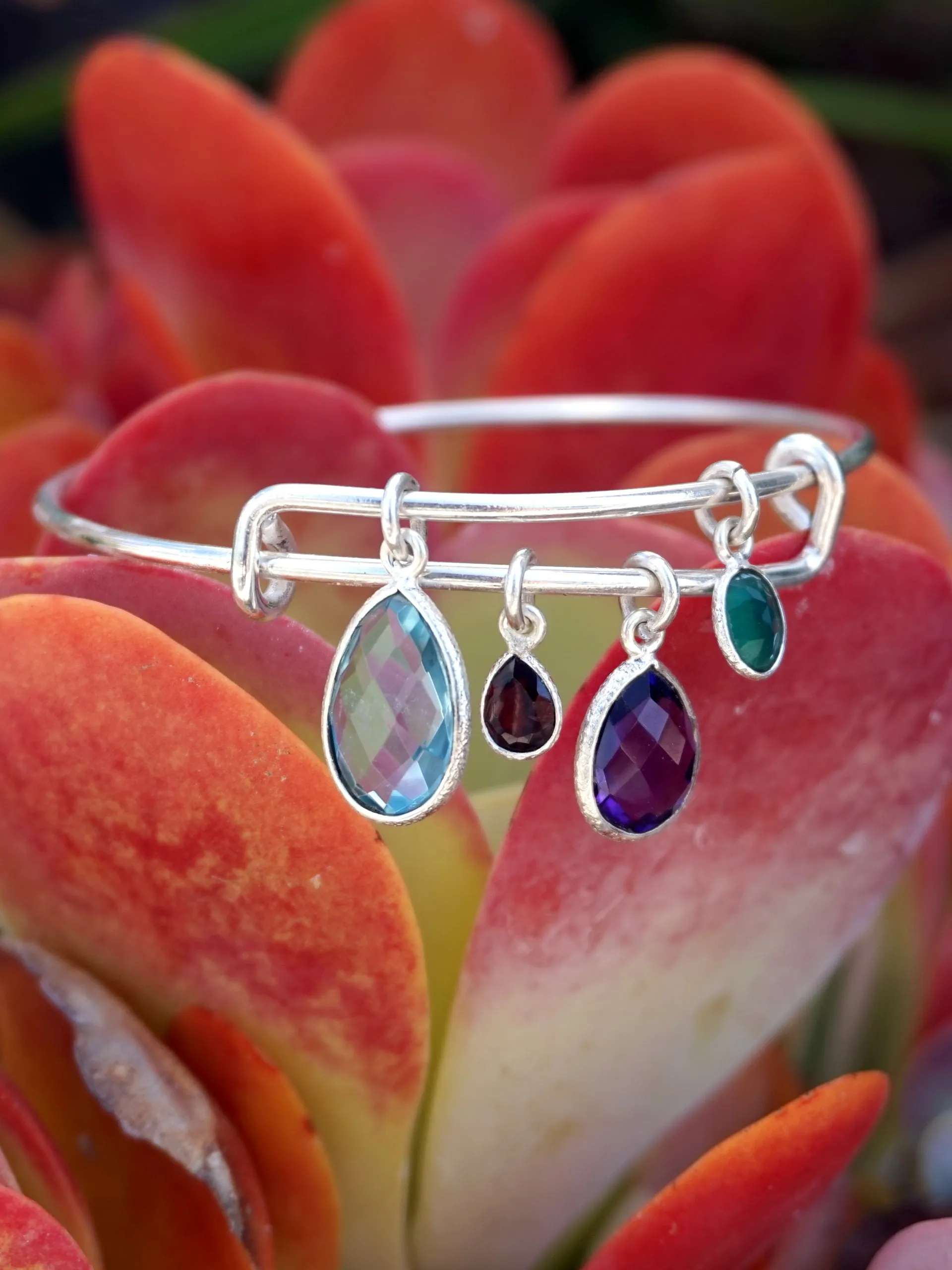 Blue Topaz and Amethyst Quartz Bangle Bracelet 2 with Garnet and Emerald