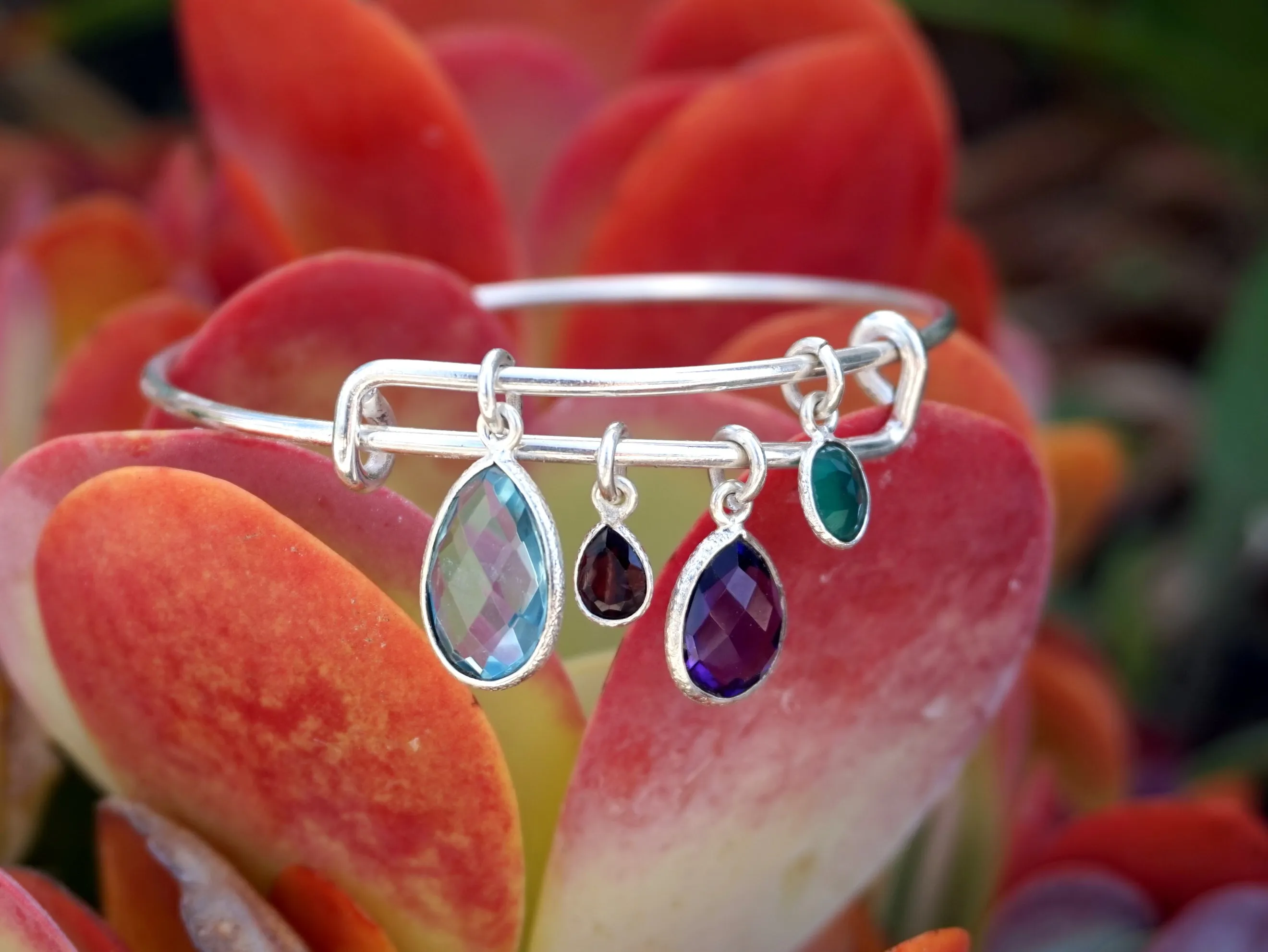 Blue Topaz and Amethyst Quartz Bangle Bracelet 2 with Garnet and Emerald