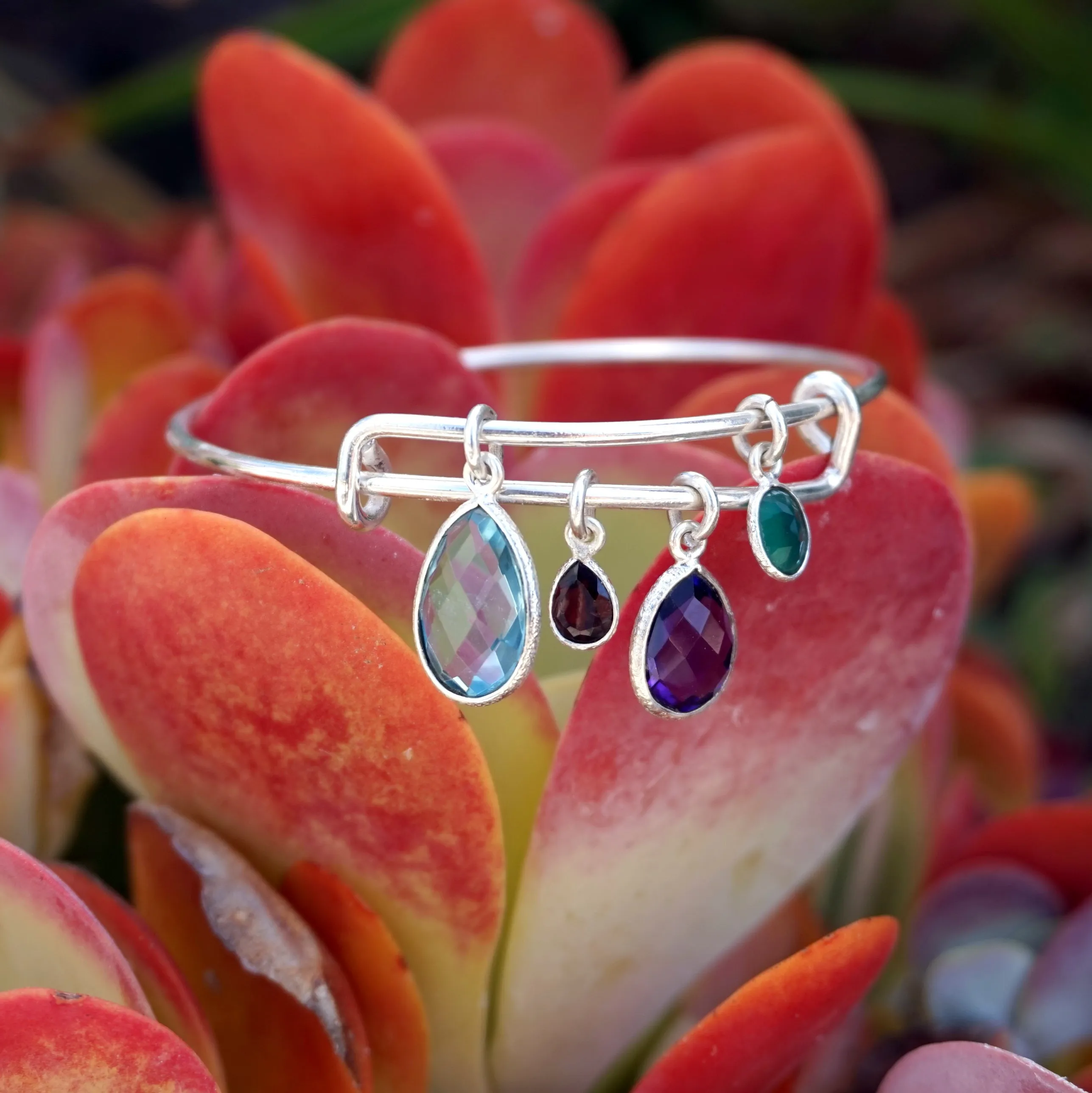 Blue Topaz and Amethyst Quartz Bangle Bracelet 2 with Garnet and Emerald