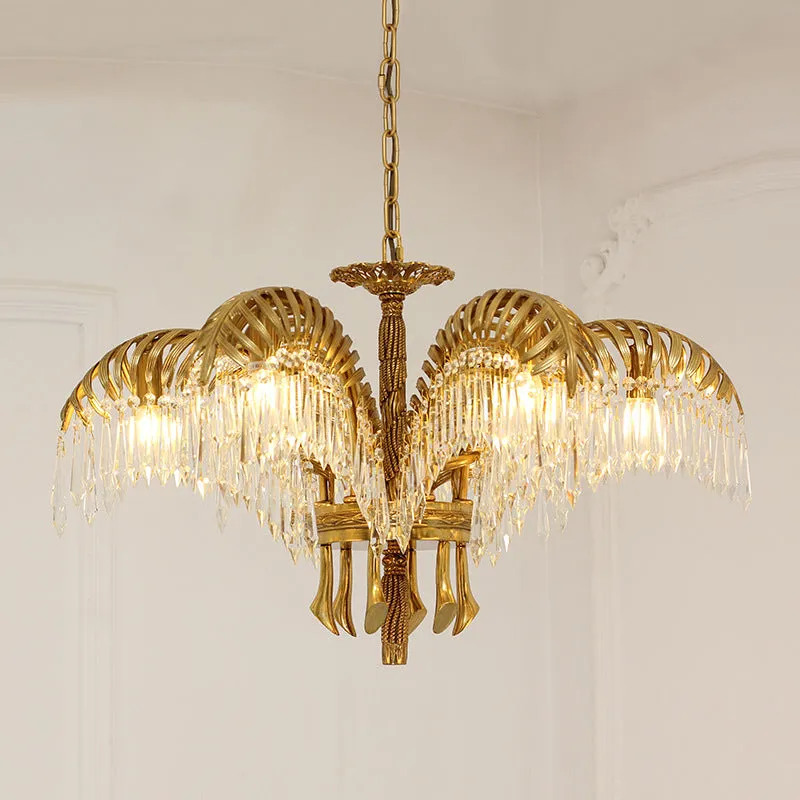 Brass Palm Leaf Crystal Chandelier Light