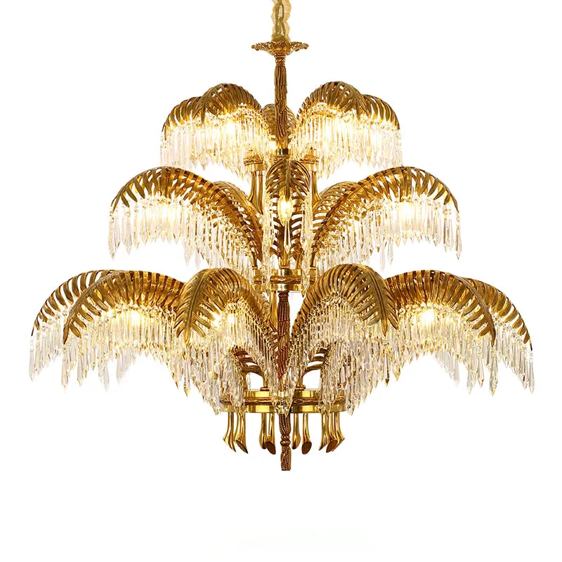 Brass Palm Leaf Crystal Chandelier Light