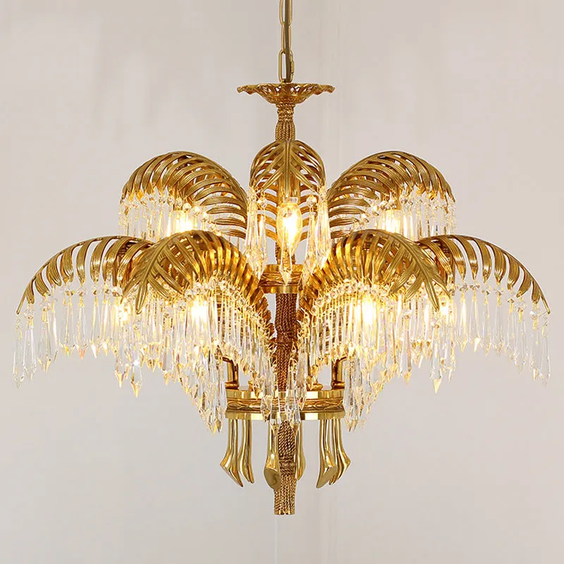 Brass Palm Leaf Crystal Chandelier Light