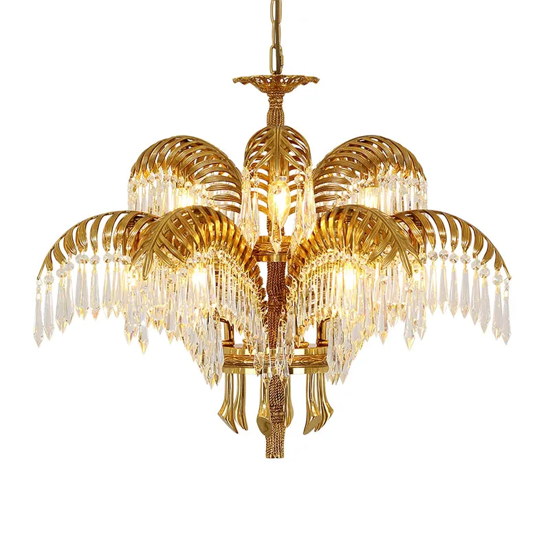 Brass Palm Leaf Crystal Chandelier Light