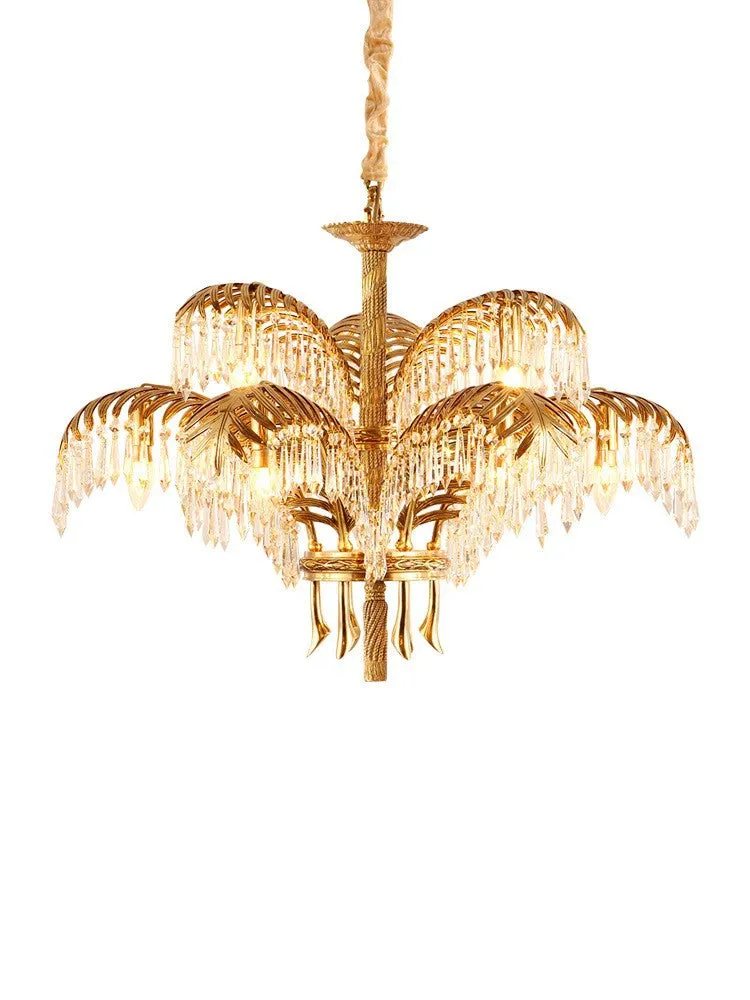 Brass Palm Leaf Crystal Chandelier Light